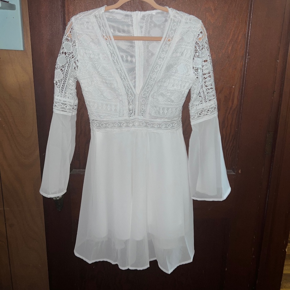 White Lace V Neck See-through Sleeve Mini Dress